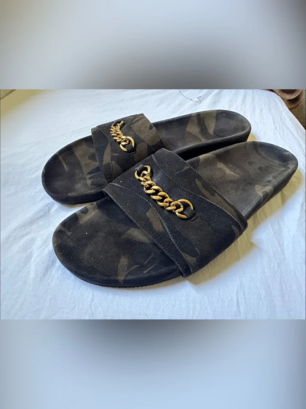 Tom Ford Gold Chain Accent Green Black Camouflage Men’s Slide Sandals Size 12T